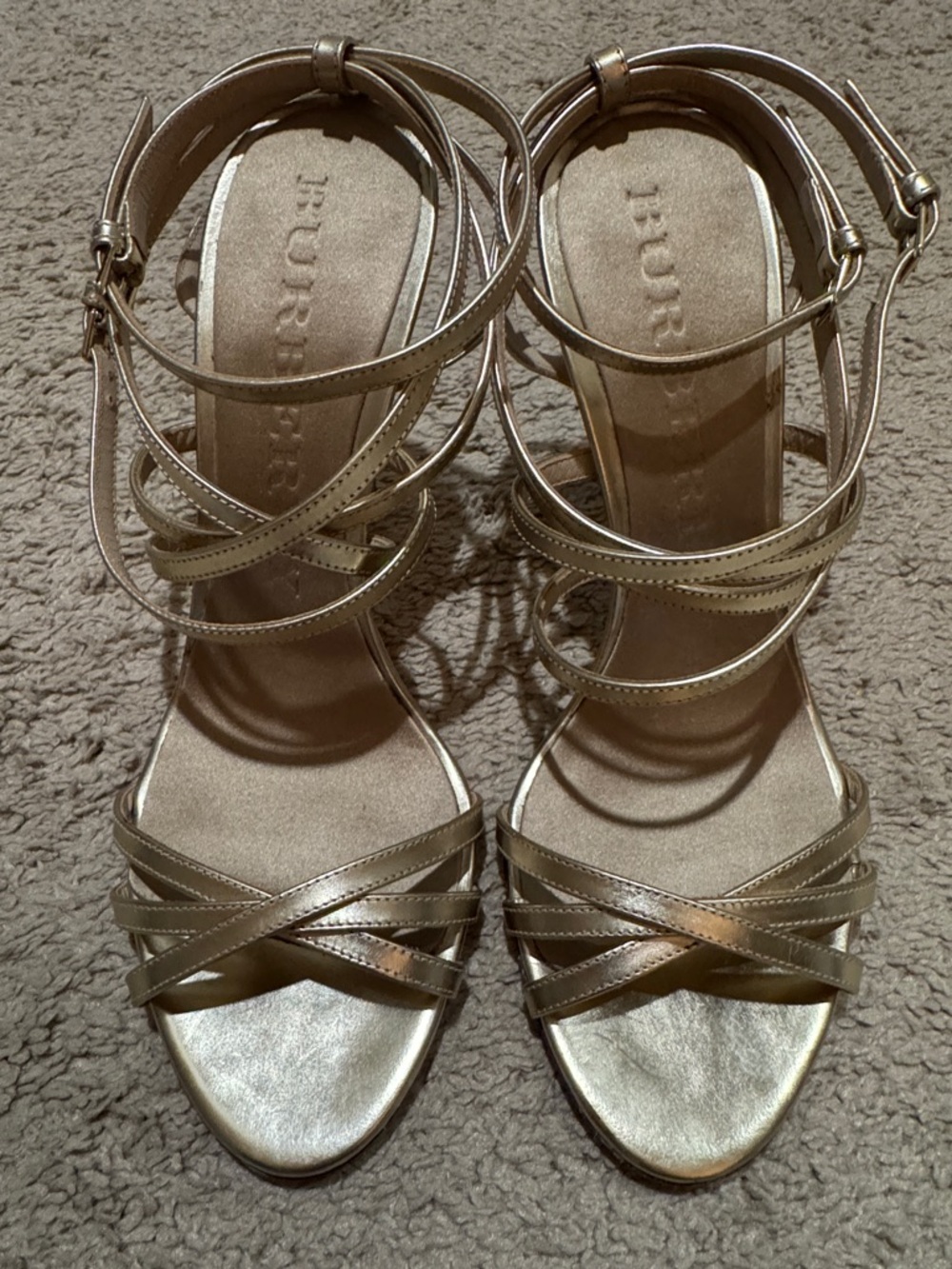 Burberry Metallic Gold Strappy Ankle-Wrap Heels